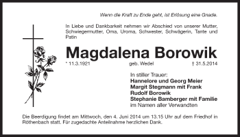 Traueranzeige von Magdalena Borowik von Pegnitz-Zeitung